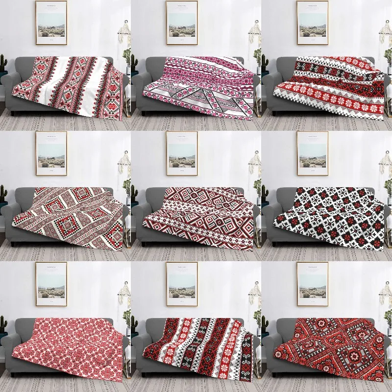 Ukraine Vyshyvanka 3D Printed Embroidery Blankets Warm Flannel Bohemian Geometric Throw Blanket for Bed Travel Rug Piece Queen