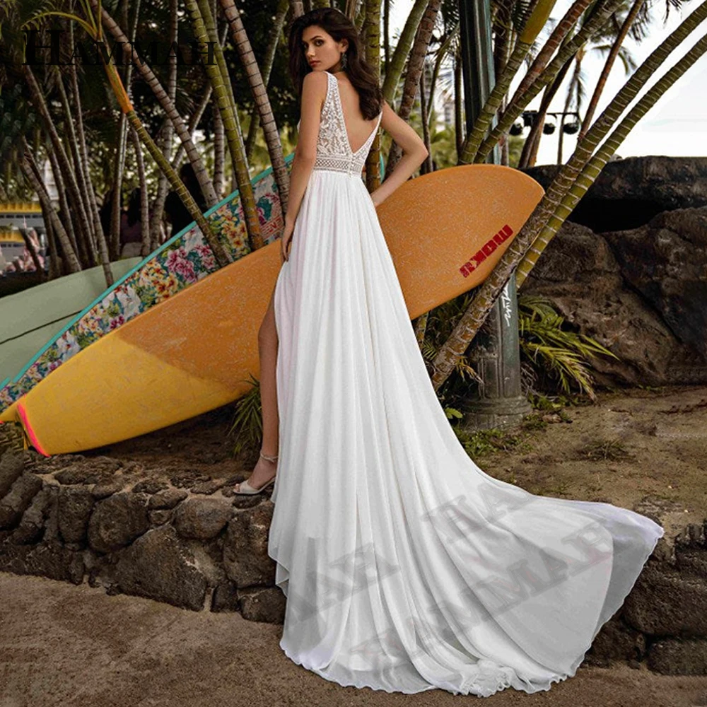 

Модные свадебные платья HAMMAH с высоким разрезом, шифоновая трапециевидная аппликация, кружевное платье без рукавов с открытой спиной и шлейфом для свадебных торжеств на заказ