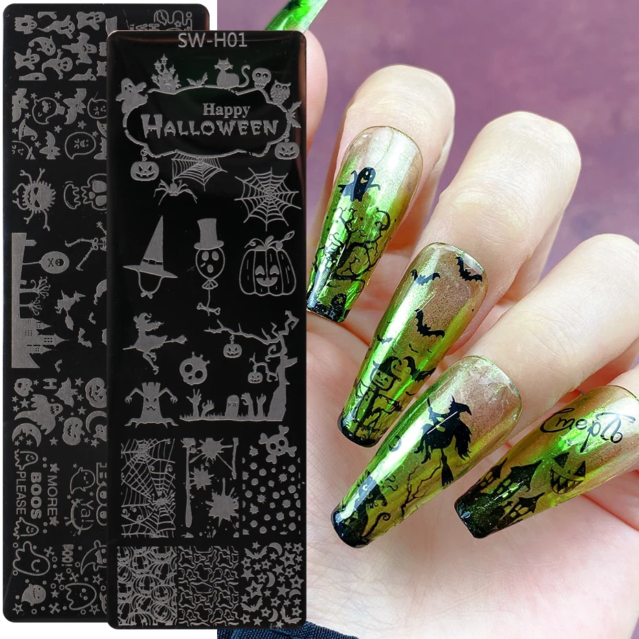 

Halloween Nail Stamping Plates Pumpkin Tree Bat Animal Skull Winter Snowflake Pattern Nail Art Image Stamp Templates BESWH1-6