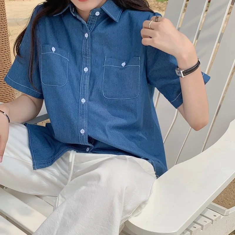 Женская джинсовая рубашка с коротким рукавом Свободный кардиган в стиле ретро |
