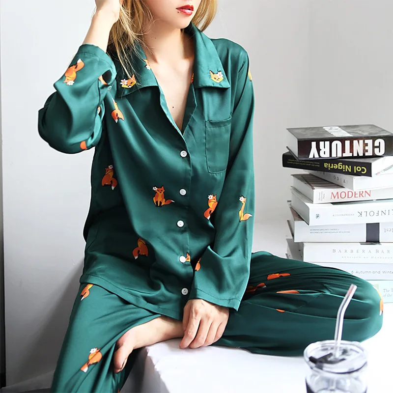 

Women Pyjamas Set Fox Printed Ice Silk Pajamas for Couples Long Sleeve Pajama Sleepwear DropShipping