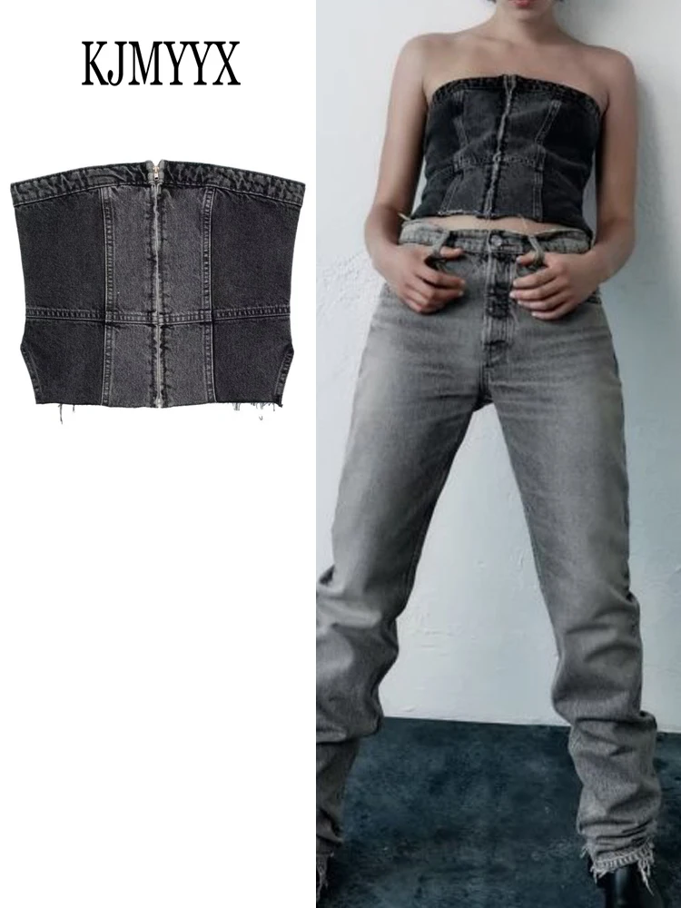 

KJMYYX 2023 Summer Women Off Shoulder Sleeveless Bustier Sexy Denim Tank Tops Street Wear Solid Female Backless Corset Crop Top