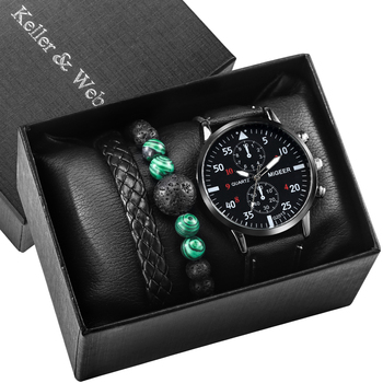 Black Large Dial Fashion Men Watch Bracelet Set Woven Bracelets Personality Bead Chain Business Leisure Quartz Watches Gift Box-36634