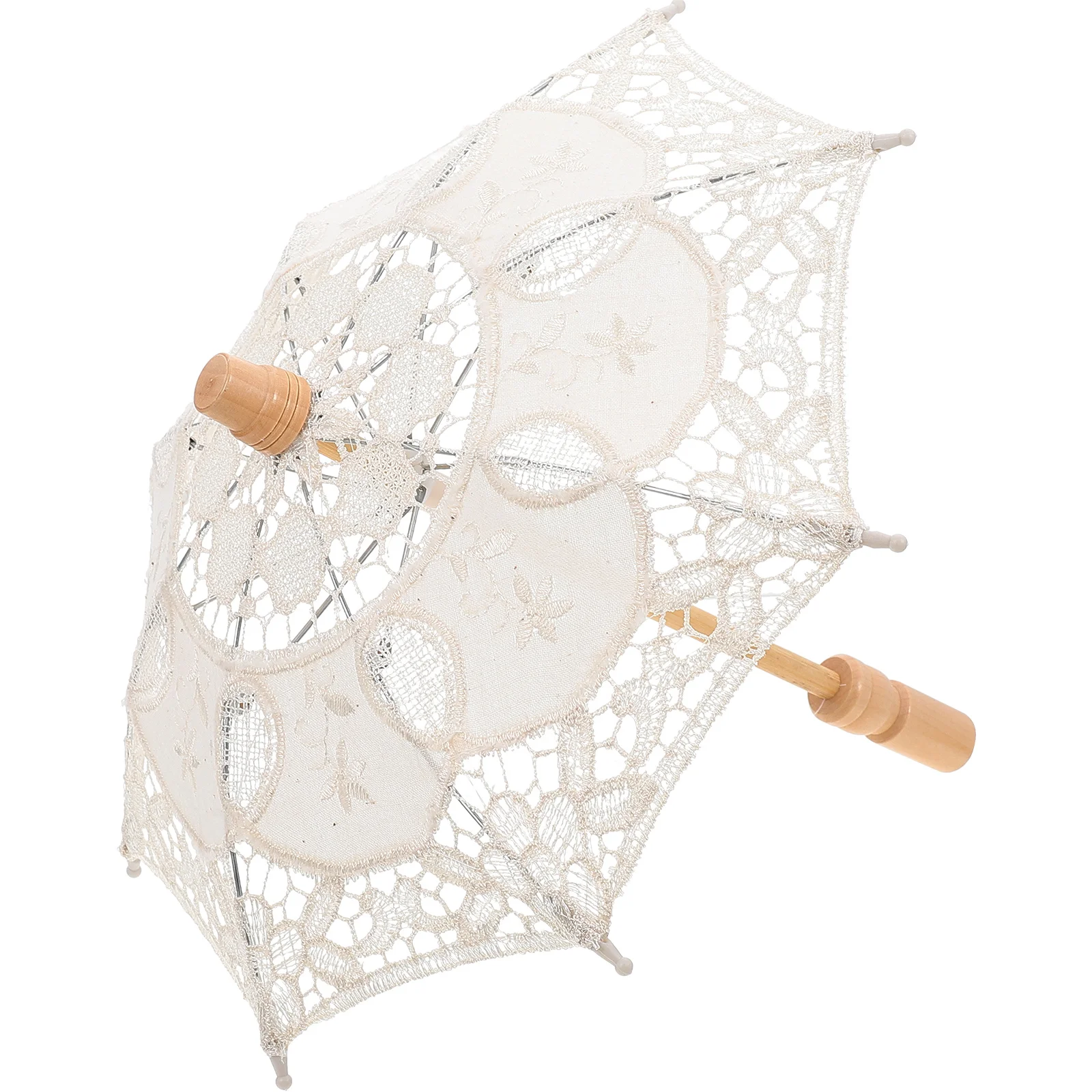 

White Wedding Parasol, Cotton with Wooden Handle, Crafted Flowers Embroidery Bridal Umbrellas for Weddings Photo Props