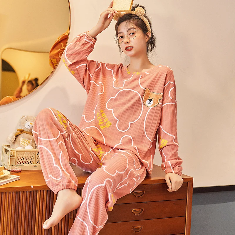 2022 new style pajamas women's autumn winter long sleeved trousers set pure cotton simple leisure cartoon girls' home clothes