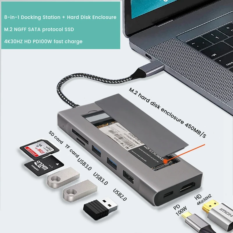 

USB-концентратор 8 в 1, 4K, 30 Гц на жесткие диски HD + M.2, USB X2, USB 2,0, PD100W, док-станция для SD/TF-карт