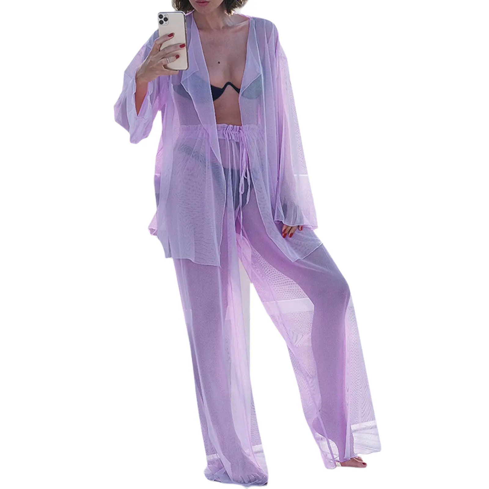 

2Pcs Women Tulle Beachwear Solid Color Sheer Long Sleeves Cardigan + Long Pants Cover-Ups Set for Ladies