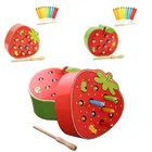 Игрушка деревянная Магнитная для детей, развивающая игрушка Поймай червячка, клубника, яблоко, 1 палочка + 10 червей
