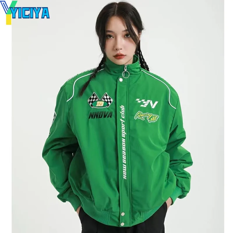 YICIYA Bomber Woman Varsity Jacket American Baseball Retro Green Motorcycle Jackets Racing Jacket's Embroidery Coat 2022 Winter