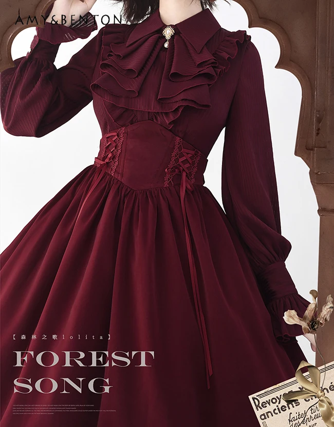 

Daily Lolita Dresses Japanese Sweet Ruffled Collar Long Sleeve Slim Blouse + High Waist Slim Midi Skirt Two-Piece Sets Autumn