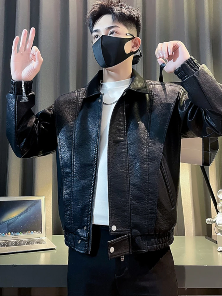 Мотоциклетное кожаное пальто кофейного цвета верхняя одежда мужская