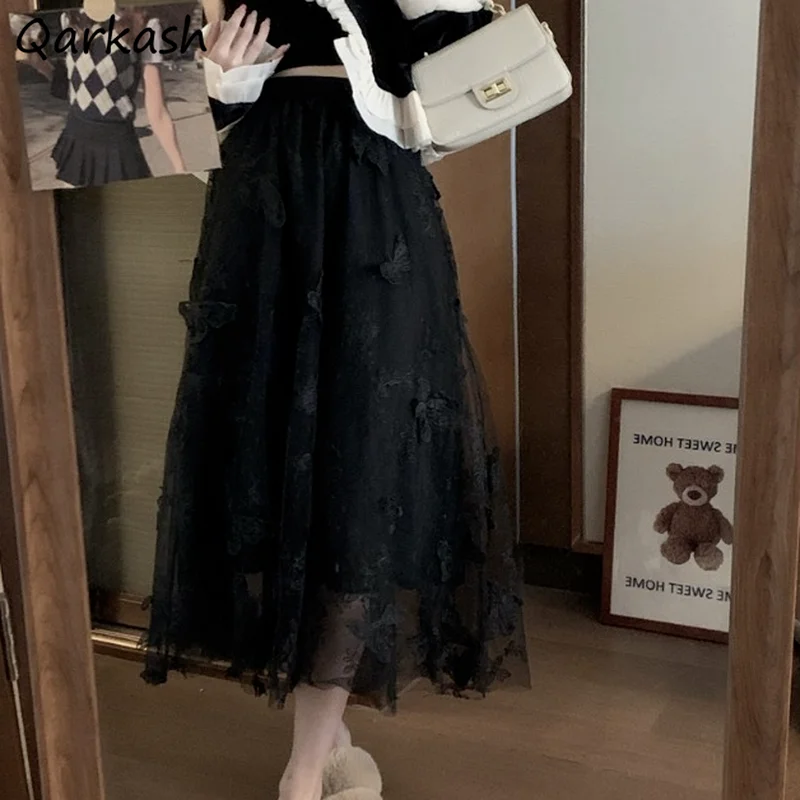 

Skirts Women A-line Black Tender Empire Popular Solid Mesh Mid-calf Feminino Simple Student Retro Harajuku Soft Leisure Elegant