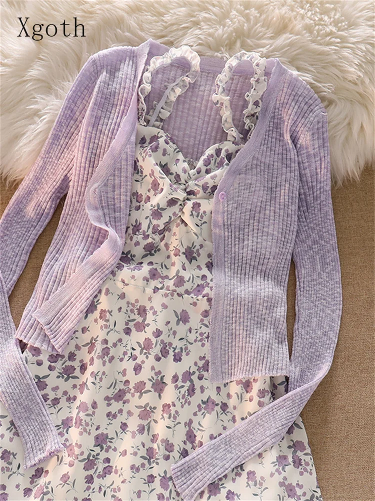 

Xgoth Tea Break Two Piece Dress Women Flora Print Dresses + Purple Knit Cardigan Ladies Suspender Robe Sunscreen Sweater Suit