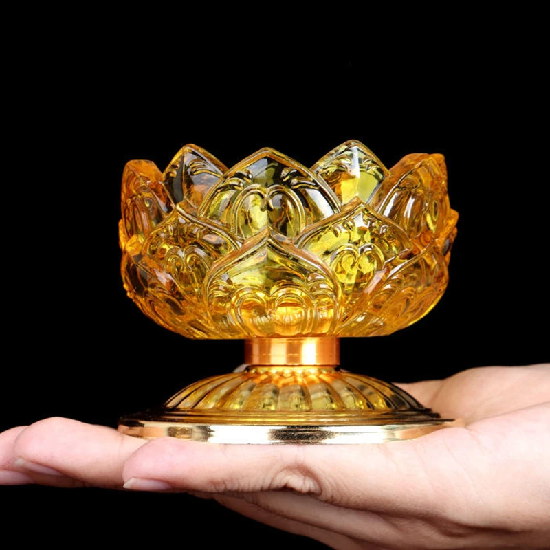 

Tantric Amber Crystal Glass Candle Lamp Holder Buddhist Lamp Lotus Flower Candlestick Tibetan Altars Indoor Desktop Decorative