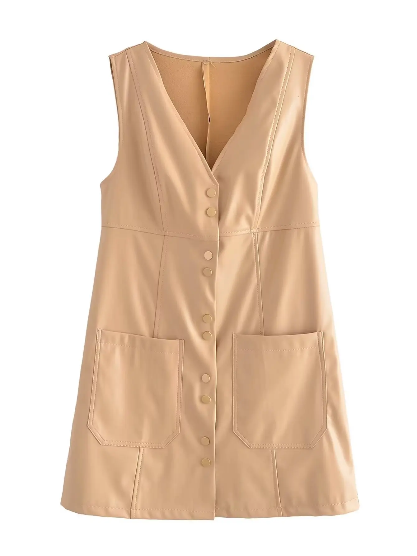 

Женское платье без рукавов из искусственной кожи, однобортное мини-платье цвета хаки с V-образным вырезом