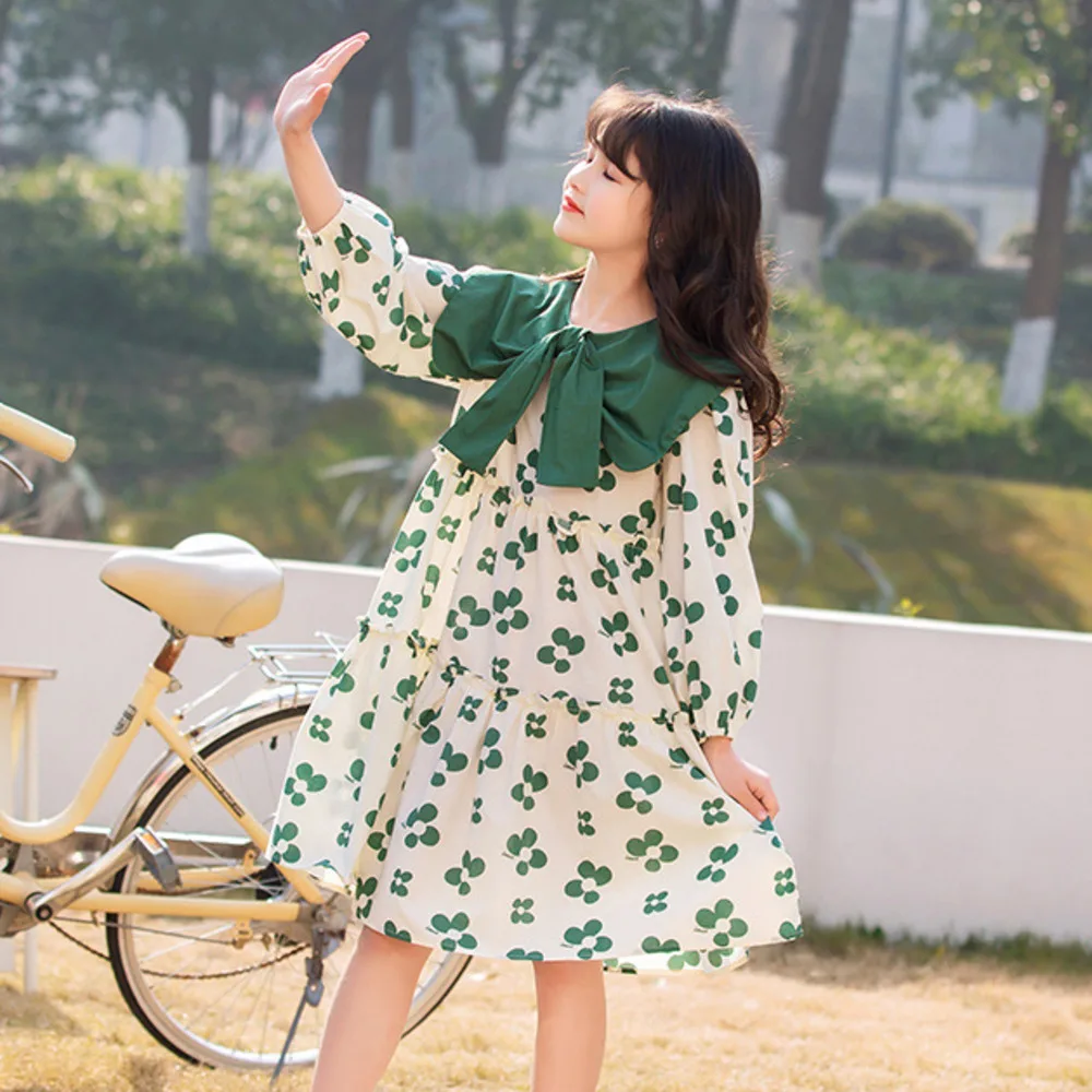 

Spring Girls' Dress Elegant Children's Skirt 2022 New Big Long Sleeved Dresses For Women Party Frocks Clover Dots Bow Tie Green