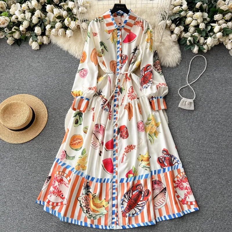 

Vintage Fashion Polo Collar Single breasted Lace up Full Sleeve Printed Dress for Women Summer Dresses Skinny A-line Maxi Dress