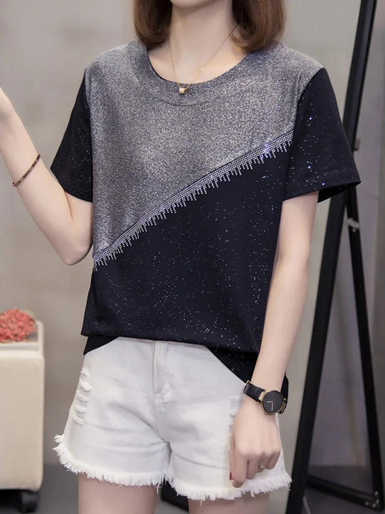

Блестящая Базовая футболка большого размера, женская летняя свободная футболка Стразы с коротким рукавом, блестящие Лоскутные топы с кругл...
