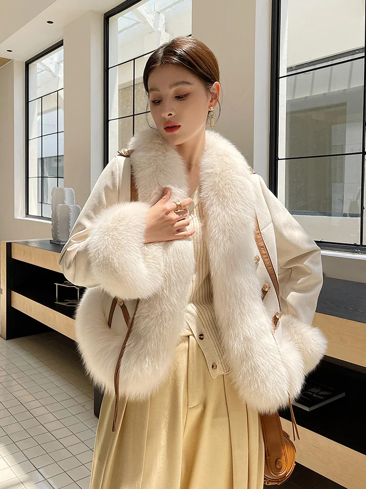 New Women Real Fur Coat Autumn Winter Vintage French Court Style Thick Warm Fox Fur Collar Suede Fur Jacket Loose Outerwear