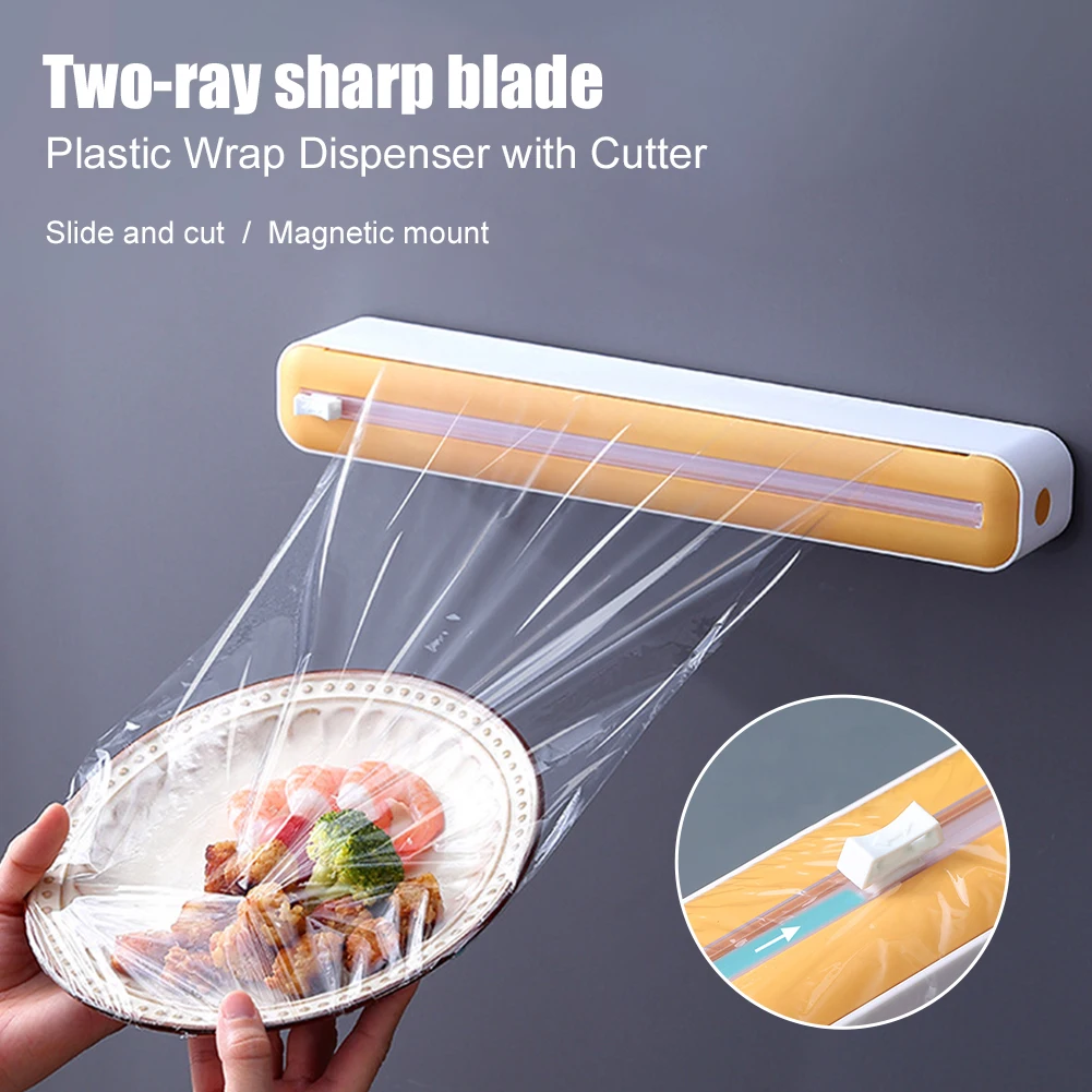 

2 In 1 Food Film Dispenser Magnetic Wrap Dispenser With Cutter Storage Box Aluminum Foil Stretch Film Cutter Kitchen Accessories