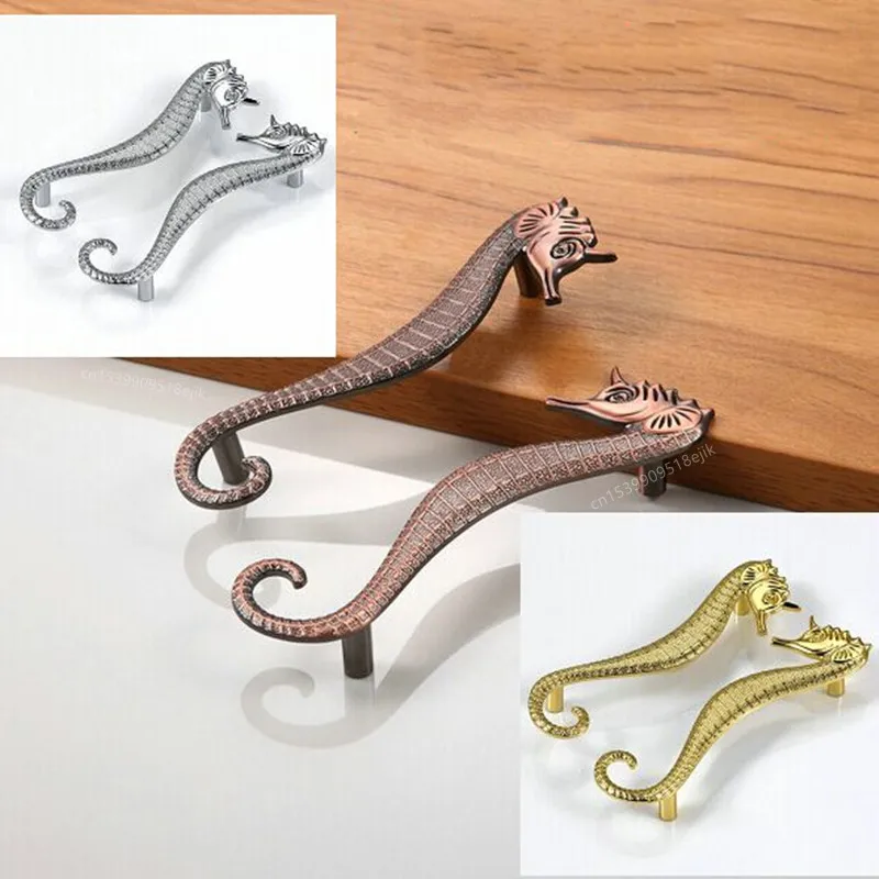 

Pair Retro Creative Cabinet Drawer Hippocampus Art Wardrobe Door Handle European Cupboard Coffee Gold Kitchen Handles