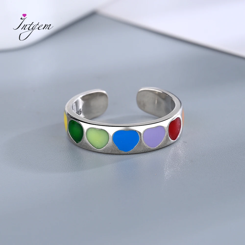

Sterling Silver 925 Multi-color Long line Love Heart Open Rings For Women Width Ring Cute Trendy Birthday Party Jewelry Gift