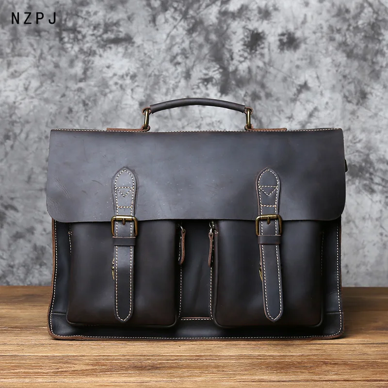 Retro Leather Men's Handbag Horse Leather Horizontal Computer Bag Top Layer Shoulder Leather Casual Designer Messenger Briefcase