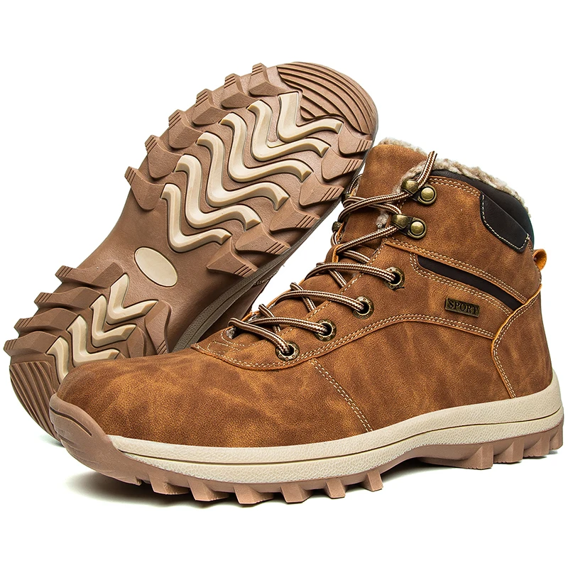 

New Winter Plush Warm Boots Men Leather Hiking Sneakers Climbing Hunting Shoes Unisex Lace-up Outdoor Warm Hiking Boot Man