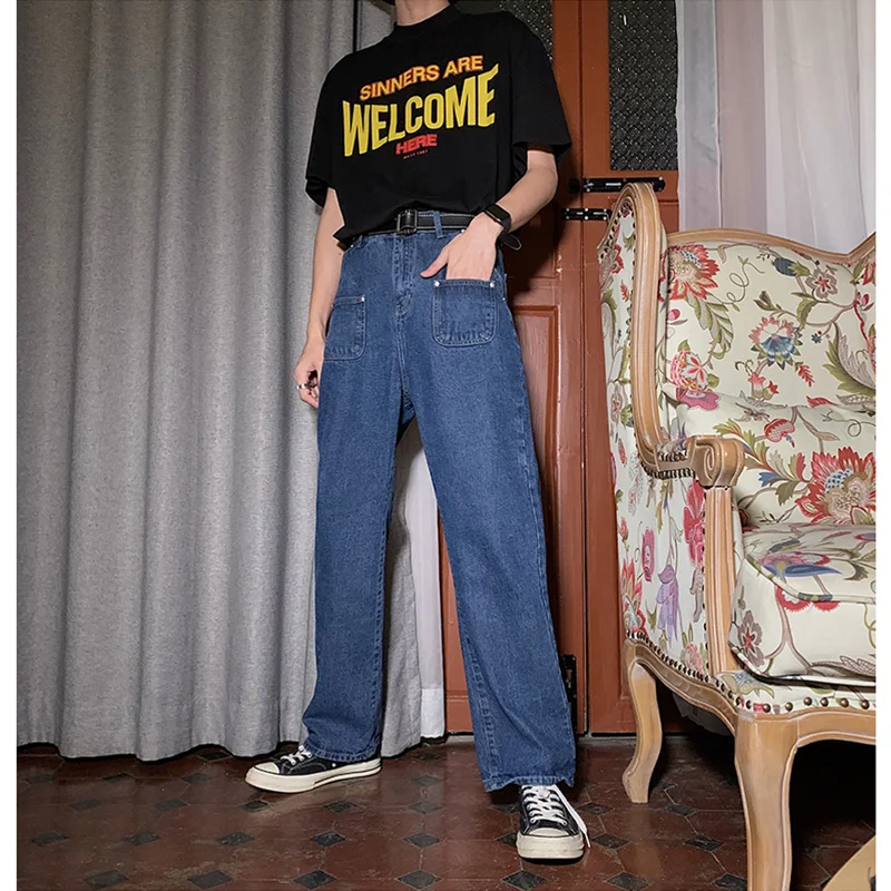 Streetwear Men 2022 New Vintage Recreational Comfortable Navy Blue Jeans Loose Temperament Versatile Trousers Autumn Female Y2k