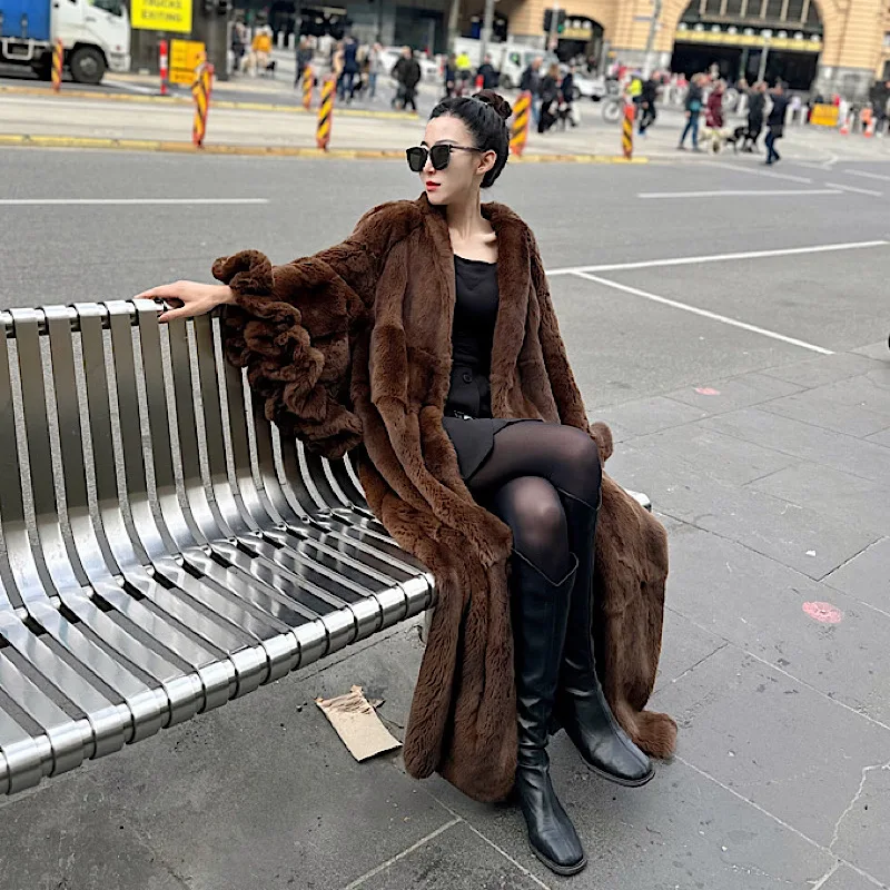 Новинка 2024 Женское зимнее длинное пальто из цельного меха кролика Рекс модное с
