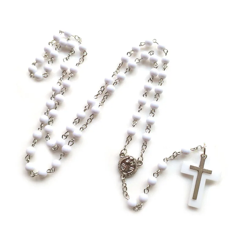 

QIGO White Rosary Necklace Long Acrylic Beads Strand Religious Jewelry Cross Pendant For Men Women