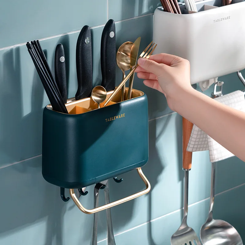 

Chopsticks Holder Punch-free Wall-mounted Tableware Rack Kitchen Chopsticks Fork Tubes Household Tableware Drain Storage Box