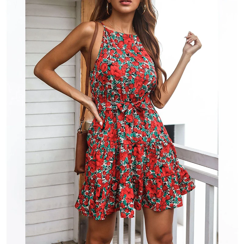 

2022 Women Summer Dress Sexy Spaghetti Strap for Women New Hanging Neck Strap Print Dress Female Floral Mini Beach Dress Vestido