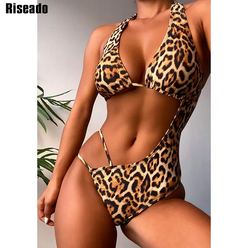 

Riseado Leopard Print One Piece Swimsuits 2022 Woman Cut Out Swimwear High Cut Women's Bathing Suits Halter Monokini Beach Wear