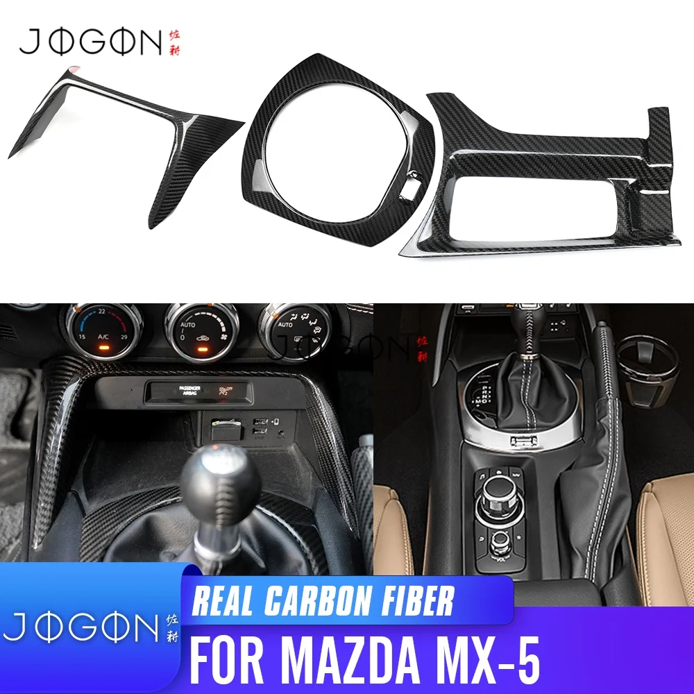 Фото 3 шт. для Mazda MX-5 MX5 Miata 2016-2023-AT, накладка на центральную панель передней консоли с переключателем передач и мультимедийной системой из сухого карбона. №1