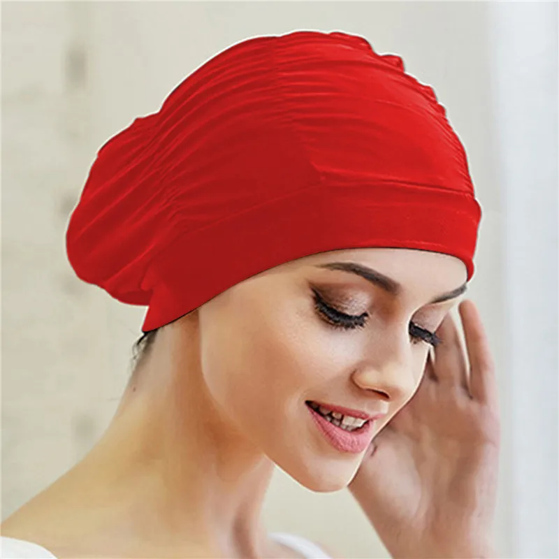 

1Pc Elastic Nylon Swimming Caps Solid Colors Pleated Bathing Hats Long Hair Protect Pool Bathing Hats Swim Sports Accessories
