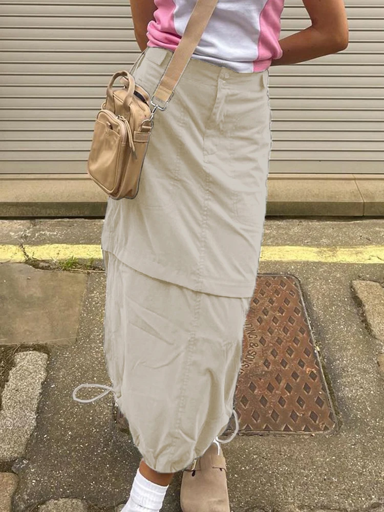 

Gray Casual Baggy Loose Size Cargo Skirts Womens Big Pockets Streetwear Drawstring Hem Low Waist Hippie Long Skirt Y2K