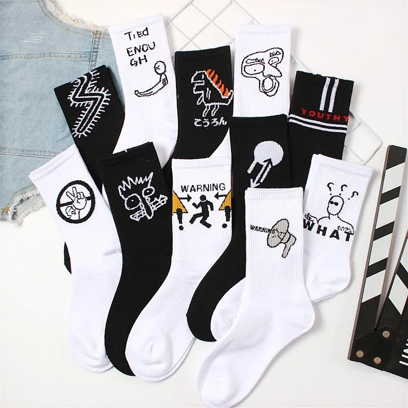 

New Streetwear White Black Letter Devil Stockings Cotton Harajuku Hip Hop Skateboard Printed Fashion Long Funny Men Women Socks