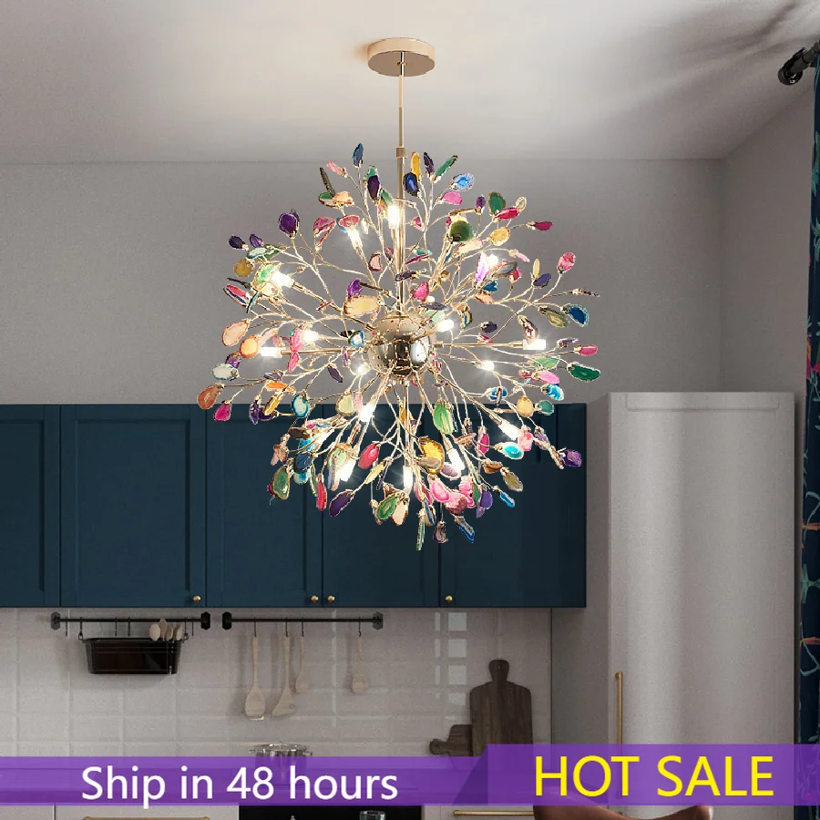 

2021 New Plated Globe LED chandelier agate blue/green/purple/pink agate chandelier for bedroom living room kitchen dining foyer