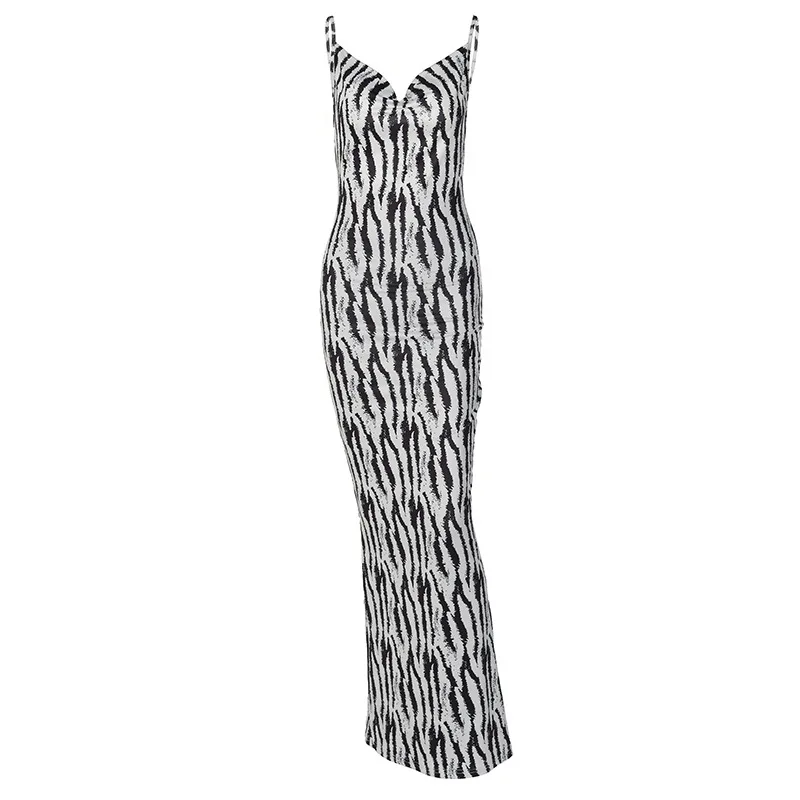 

Sexy Ladies Summer New Fashion Zebra Print Sexy V-Neck Backless Sling Mid Waist Commuter Long Dress Free Shipping