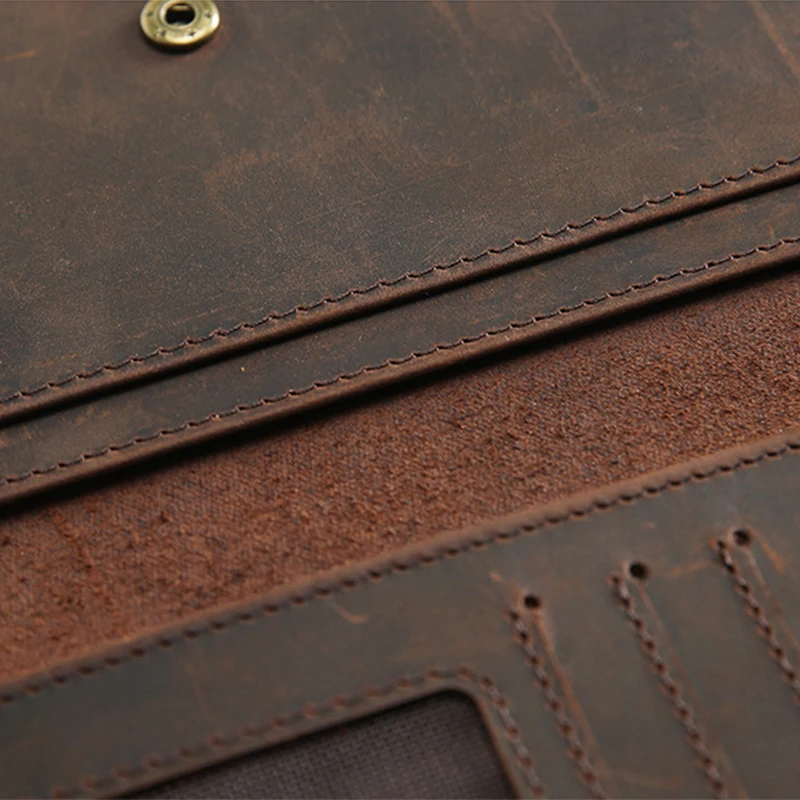 Genuine Leather Wallet For Men Vintage Crazy Horse Long Bifold Slim Men's Purse Checkbook Wallet Cash With ID Window Card Holder