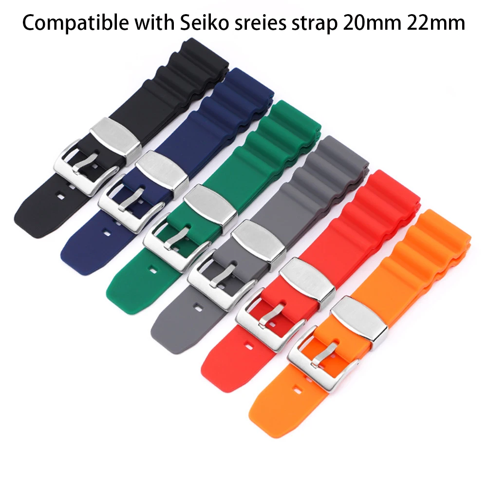 

22mm Diving Rubber Watch Strap Men Sport Waterproof Silicone Wrist Band Stainless Steel Bracelet Watchband Accessories for Seiko