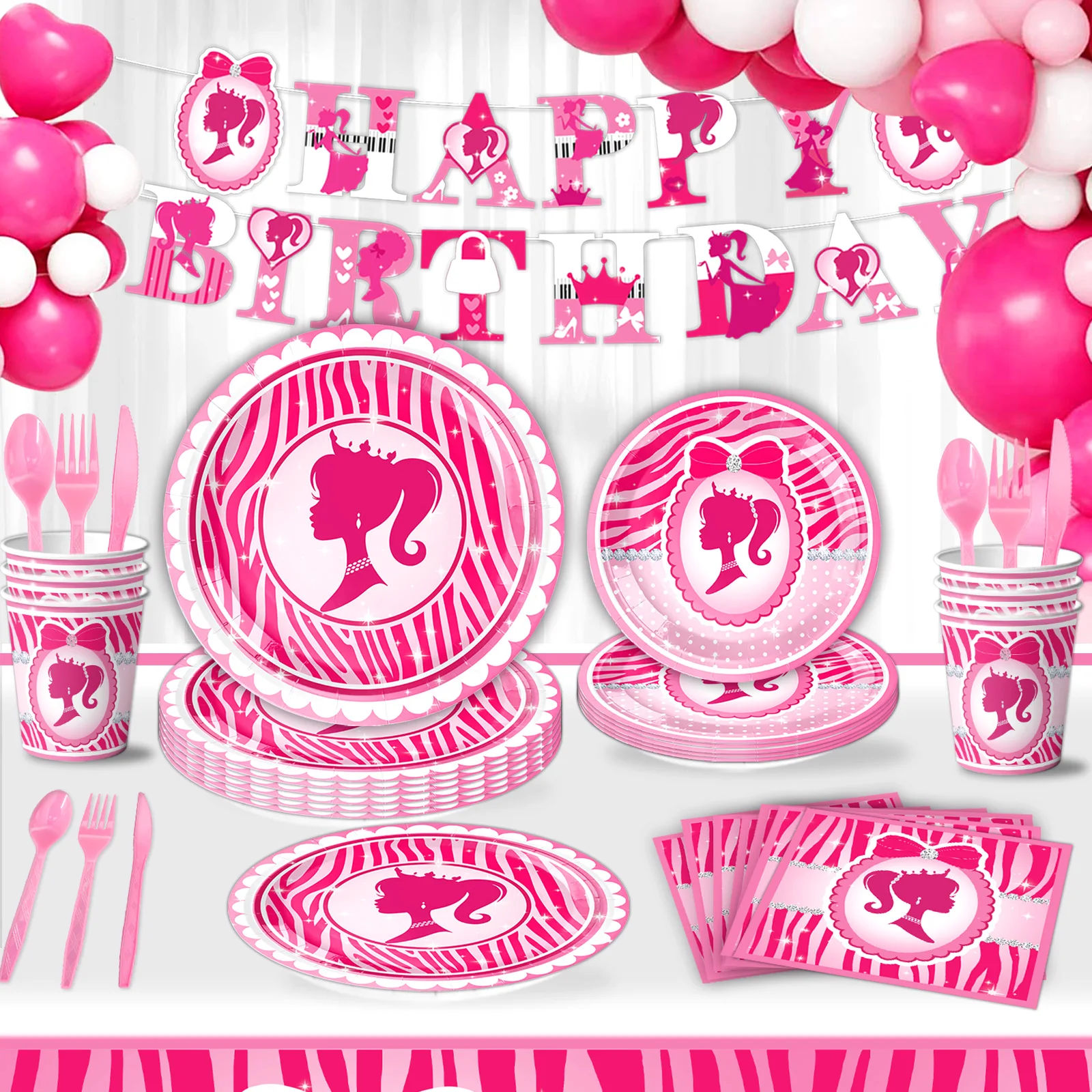 Розовая посуда на тему Барби для праздника день рождения одноразовая бумажные