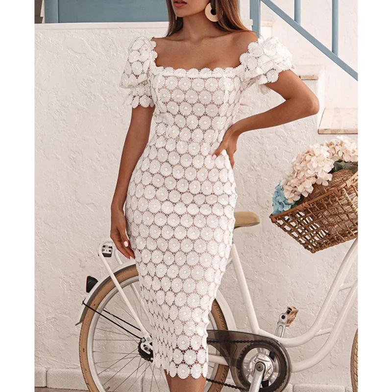 

Женское кружевное платье-миди с квадратным вырезом, однотонное платье-футляр средней длины с запахом и высокой талией, три цвета