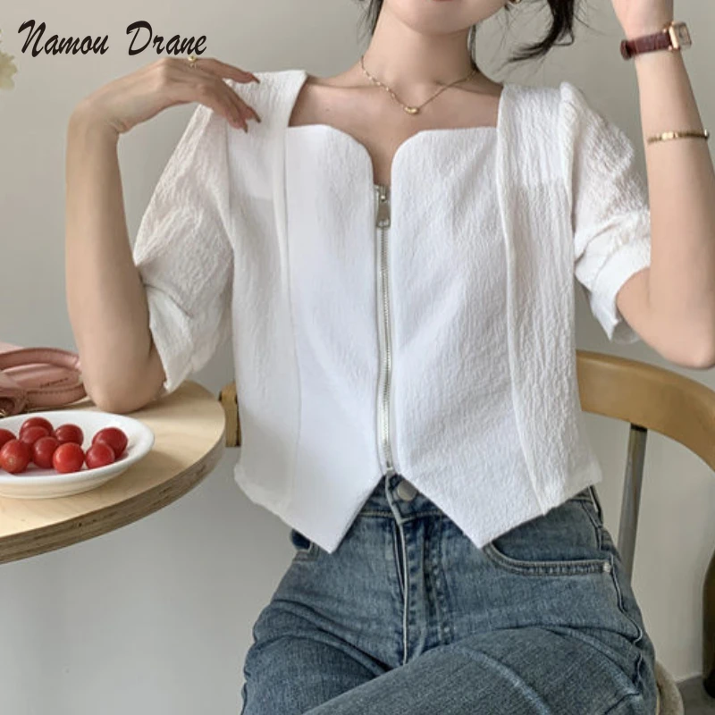 

Namou Drane женское весеннее платье 2022 новый дизайн стильный квадратный воротник необычный тонкий короткий рукав кардиган Топ для женщин