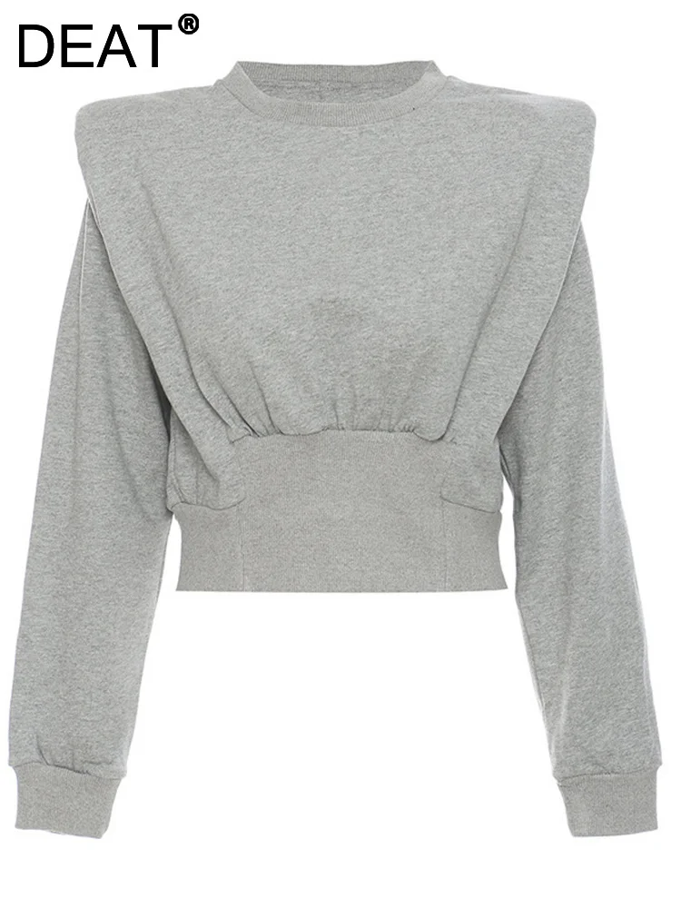 

DEAT Fashion Women's Sweater Round Neck Shoulder Pad Full Sleeve Waist Solid Color Midriff-baring Pullover Autumn 2023 7YZ3074
