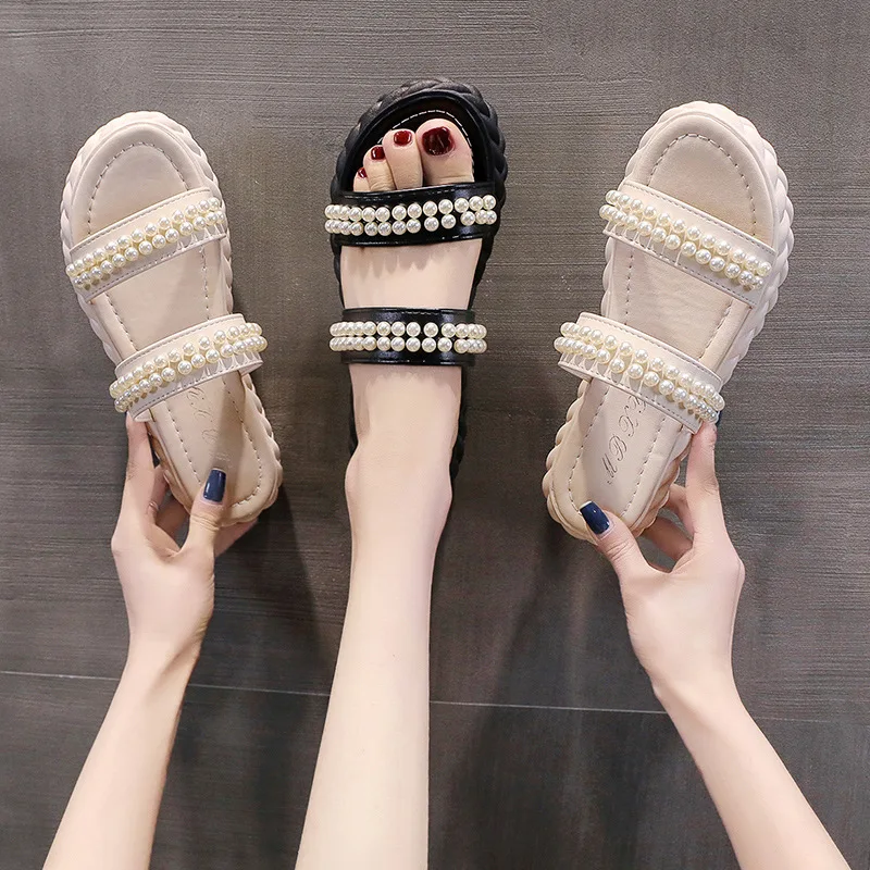 

Shoes String Bead Slippers Women Summer Pantofle Platform Slides Fashion Low 2022 Luxury Fabric Hoof Heels PU Rubber Basic Rome