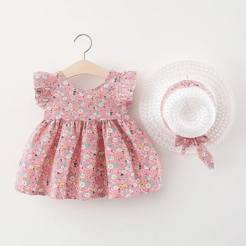 2022 Summer Outfit Toddler Girl Dresses Korean Fashion Cartoon Cute Print Cotton Baby Princess Dress+Sunhat Newborn Clothes Set