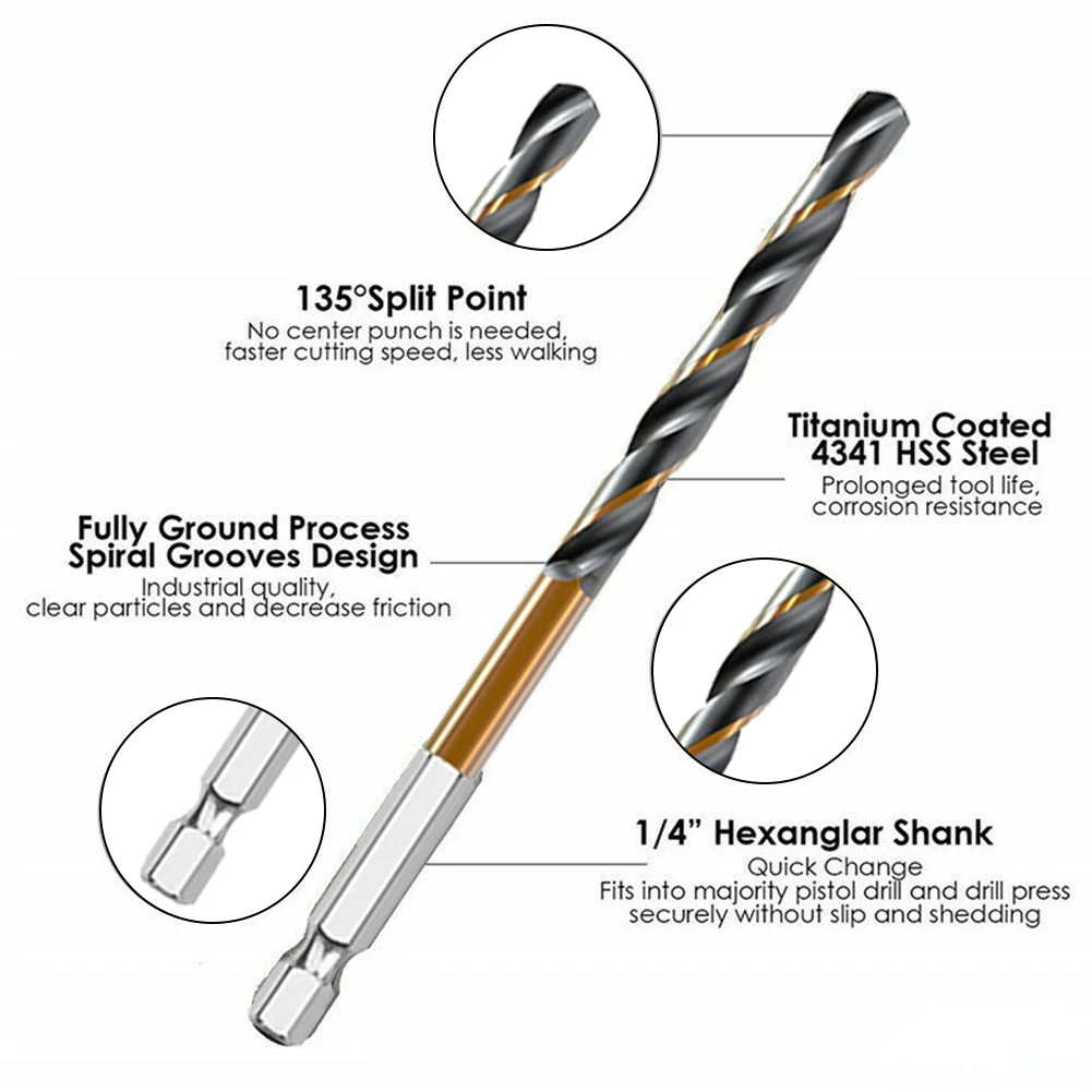 8PCS HSS Titanium Coated Drill Bit Set 1/4 Hex Shank 3/3.5/4/4.5/5/5.5/6/6.5mm For Aluminium Wood Plastic Thin Iron Driiling