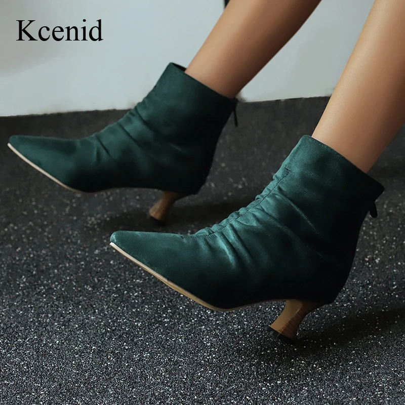 Kcenid осень-зима лаконичные плиссированные ботильоны для женщин с острым носком на